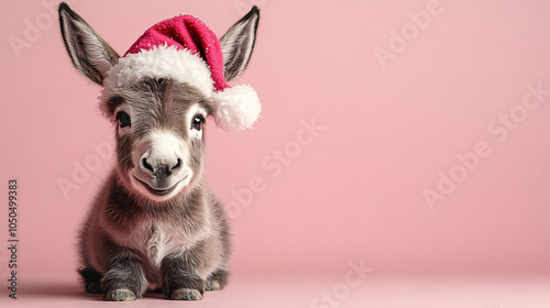 A whimsical image of a cute donkey in a festive Santa hat on a soft pink background, ideal for holiday greetings, Christmas cards, and playful marketing. photo