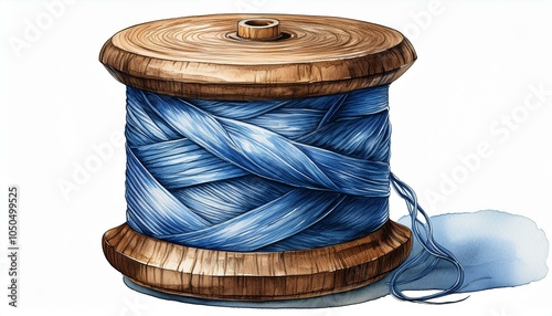  Close-up of a vintage wooden spool of indigo thread, the grain of the wood visible in waterc photo