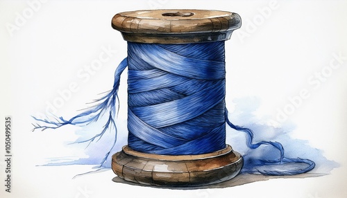  Close-up of a vintage wooden spool of indigo thread, the grain of the wood visible in waterc photo