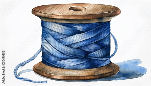  Close-up of a vintage wooden spool of indigo thread, the grain of the wood visible in waterc photo