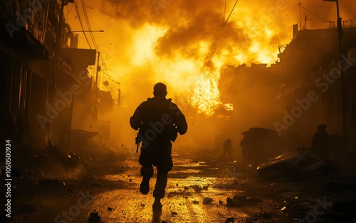 Lone Soldier sprints through a fiery warzone, chaos and destruction engulfing the city around him.  A desperate escape unfolds. photo