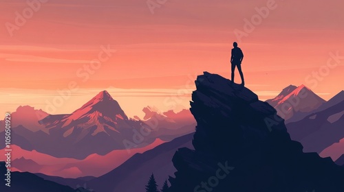 Silhouette of a man standing atop a mountain peak, gazing at the horizon. Generative AI