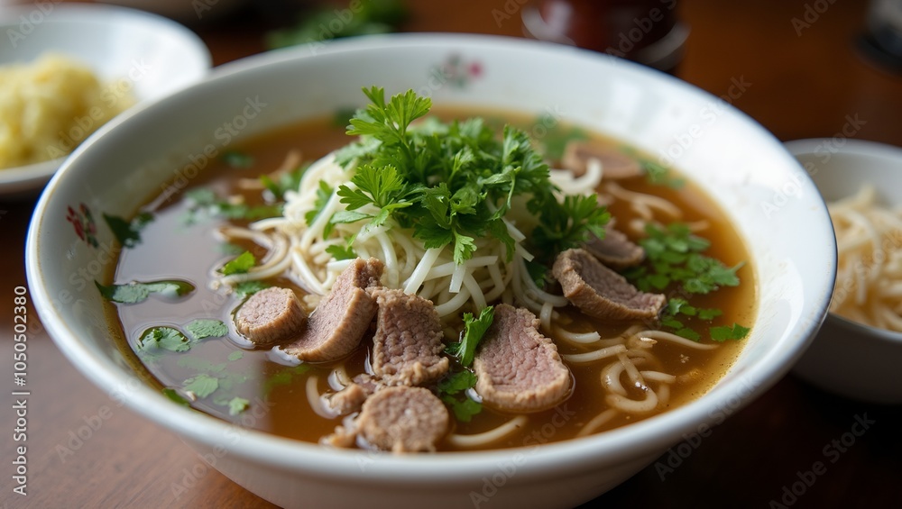 Delicious Vietnamese pho bowl with beef noodles and herbs garnished with bean sprouts and lime Delicious Vietnamese pho bowl with beef noodles and herbs garnished with bean sprouts and lime