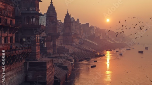 Silhouettes of temples and birds against a sunrise over a calm river.