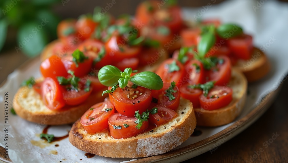 Fresh bruschetta on baguette with tomatoes basil balsamic glaze Fresh bruschetta on baguette with tomatoes basil balsamic glaze