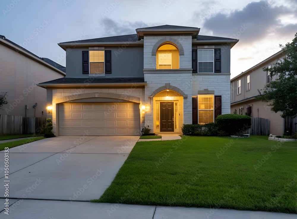 Neigbourhood Real Estate - A well-lit two-story house with a manicured lawn at dusk. Neigbourhood Real Estate - A well-lit two-story house with a manicured lawn at dusk.