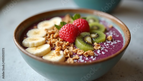 Colorful aai bowl with banana kiwi granola coconut flakes photo