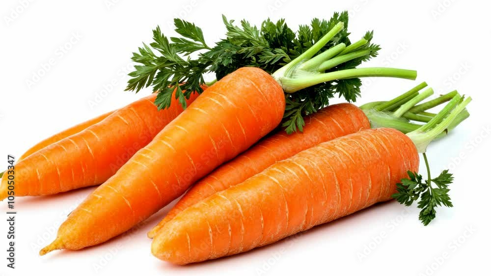 Four fresh carrots with green tops sit on a white surface Four fresh carrots with green tops sit on a white surface