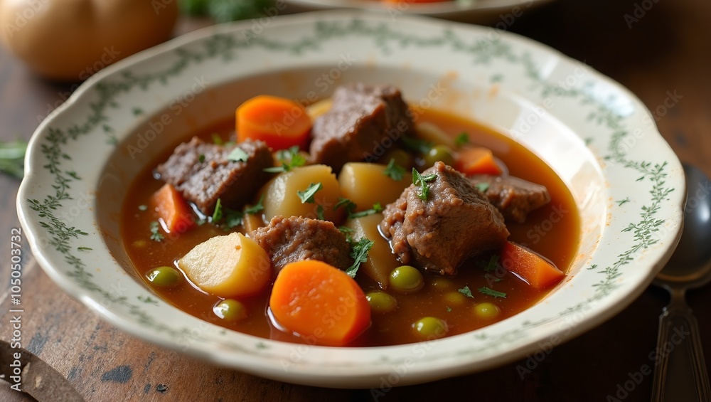 Hearty beef stew with vegetables in rich broth Hearty beef stew with vegetables in rich broth
