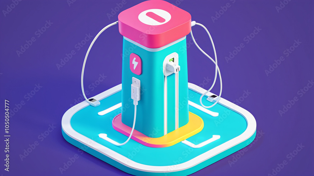 A whimsical public charging station designed to resemble a giant charging plug with playful colors and whimsical details, isometric style
