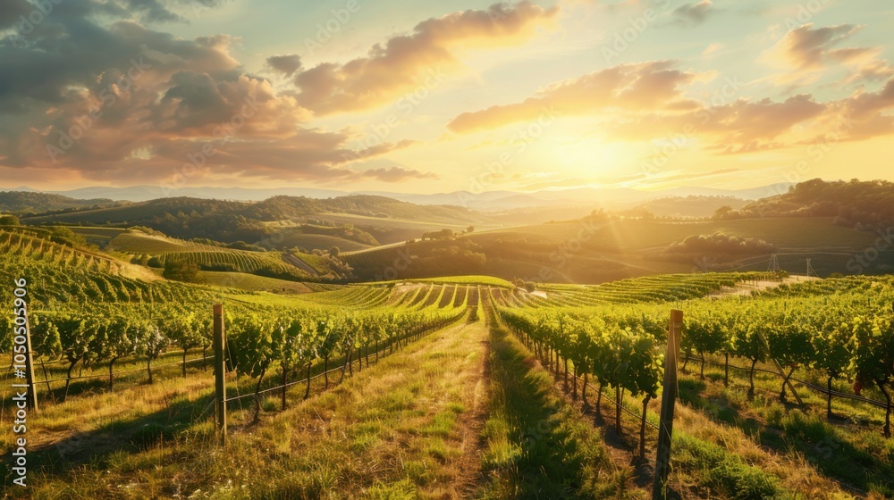 Fototapeta premium A romantic sunset over a vineyard with rows of grapevines and rolling hills, Winery setting with scenic beauty, Romantic style