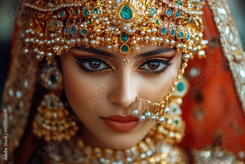 Indian bride wearing traditional jewelry and makeup posing for a portrait photo