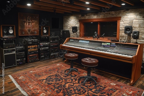 Professional recording studio control room with mixing console and equipment photo