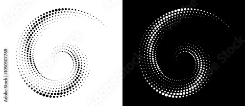 Modern abstract background. Halftone dots in circle form. Spiral logo, icon or design element. Black dots on a white background and white dots on the black side.
