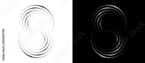 Spiral as halftone dotted abstract infinity symbol. Black shape S letter on a white background and the same white shape on the black side.