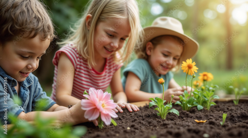 Children take care of their plants and flowers Children take care of their plants and flowers