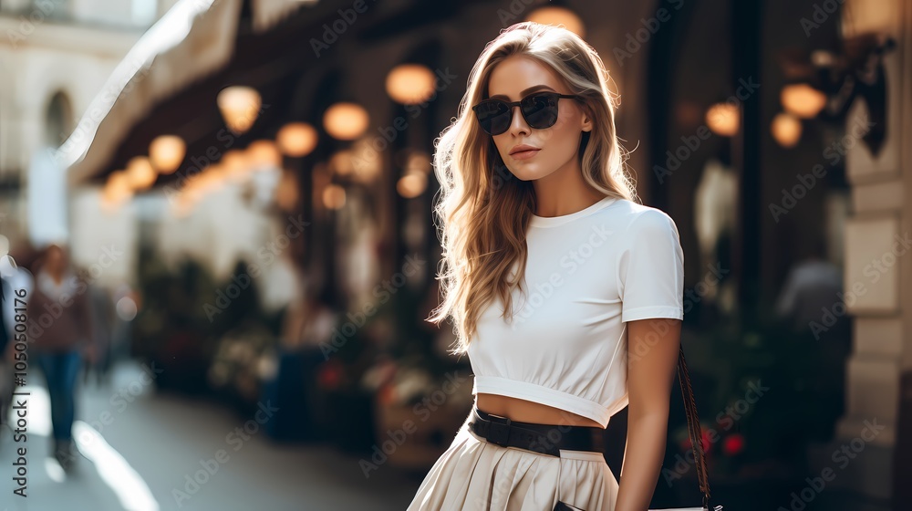Fototapeta premium Stylish woman in a fashionable outfit standing on a charming city street.