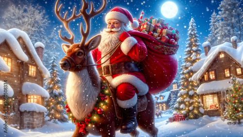 Christmas scene: Santa Claus mounting reindeer in snowy village, full moon, decorated houses. Digital art with warm lights, falling snow, gift sack, festive wreaths, and cozy winter atmosphere.