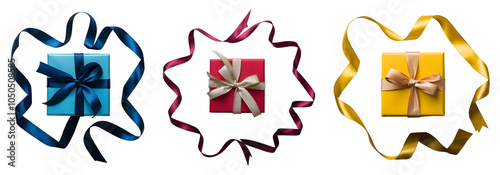 Collection of three gift boxes with ribbons Blue, Red, Yellow, Isolated on the Transparent Background