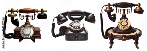 Set of Three Vintage Antique Rotary Phone isolated in a transparent background 