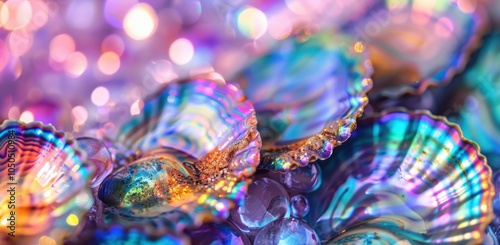 Colorful seashells with iridescent patterns lying on a soft, blurred background The shimmering colors create a vibrant and mystical atmosphere Perfect for ocean themed designs