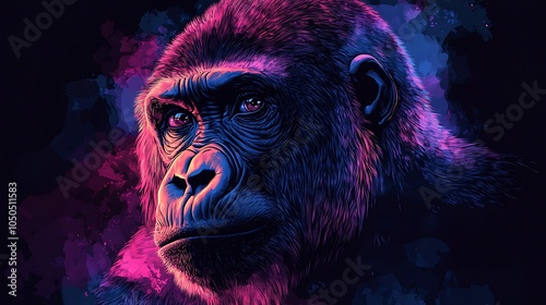 A close-up portrait of a gorilla with a watercolor background.