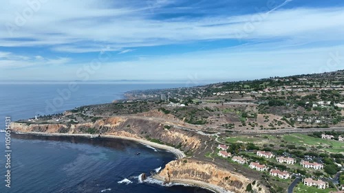 Birdseye View over Abalone Bay Of Cliffs and Vincente Pointe Lighthouse in  Palos Verdes, California