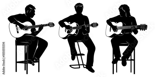 Guitarists Trio Silhouettes. Men Playing Acoustic Guitars. Vector cliparts isolated on white.