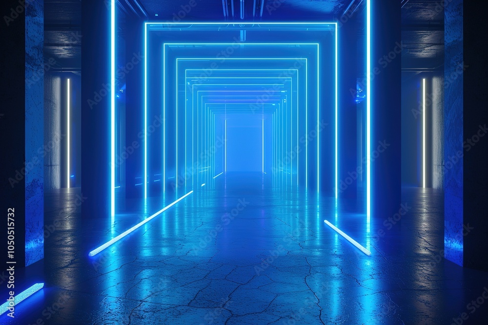 blue neon abstract background, ultraviolet light, night club empty room interior, tunnel or corridor, glowing panels, fashion podium, performance stage decorations blue neon abstract background, ultraviolet light, night club empty room interior, tunnel or corridor, glowing panels, fashion podium, performance stage decorations