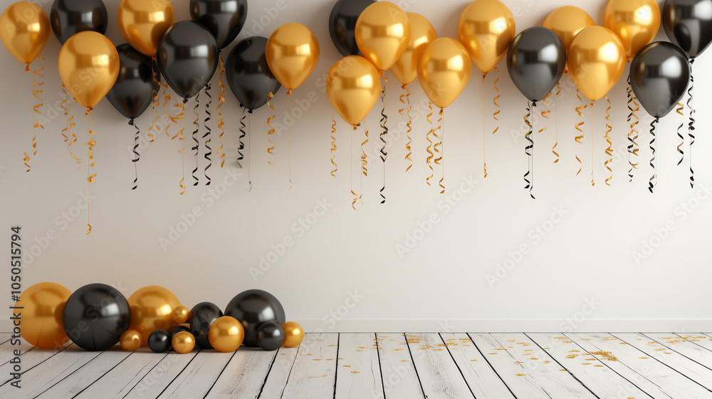 Naklejka premium Black and gold balloons with curly ribbons in a minimalist celebration scene on a white wooden floor