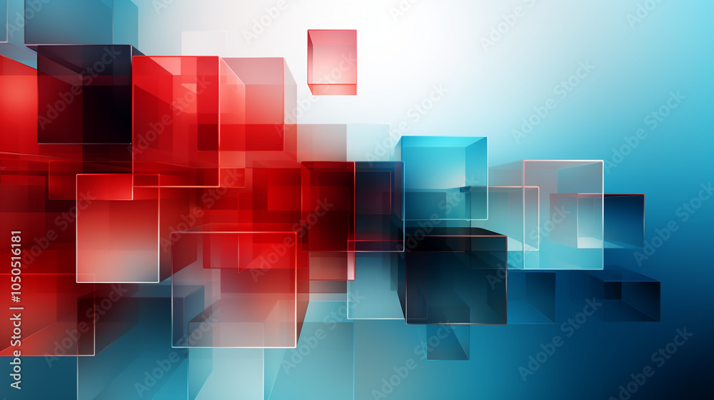 Transparent red and blue cubes in a layered abstract composition on a gradient background. Minimal business banner or background Transparent red and blue cubes in a layered abstract composition on a gradient background. Minimal business banner or background