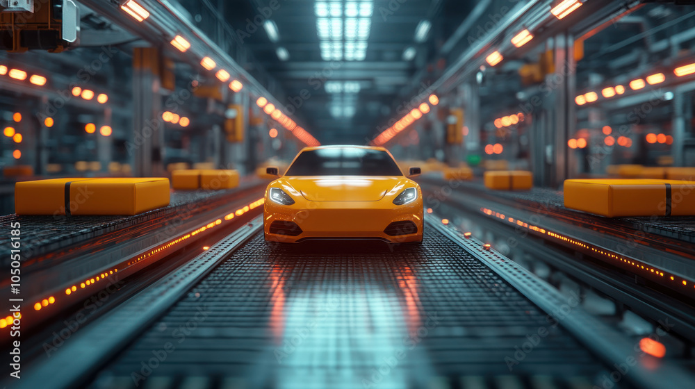 vibrant orange automobile is showcased on conveyor belt in modern factory setting, surrounded by glowing lights and packages, creating dynamic industrial atmosphere vibrant orange automobile is showcased on conveyor belt in modern factory setting, surrounded by glowing lights and packages, creating dynamic industrial atmosphere