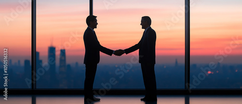 Business partners shaking hands against a sunset view from an office window, symbolizing agreement and partnership. photo