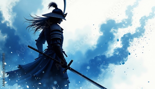 samurai warrior with sword silhouette, blue, illustration