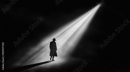 stylized silhouette of figure walking through beam of light, creating dramatic and mysterious atmosphere. contrast between light and shadow evokes intrigue and suspense