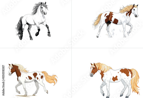 Elegant Illustrations of Horses in Various Trotting Positions