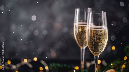 Two elegant champagne glasses filled with sparkling wine, capturing the festive atmosphere of new year's eve with twinkling bokeh lights in the background.Happy new year backgdrop with copy space photo