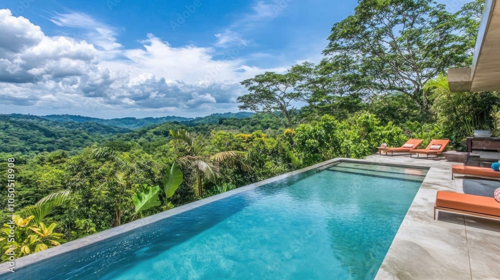 Serene Pool View Over Lush Green Landscape Serene Pool View Over Lush Green Landscape