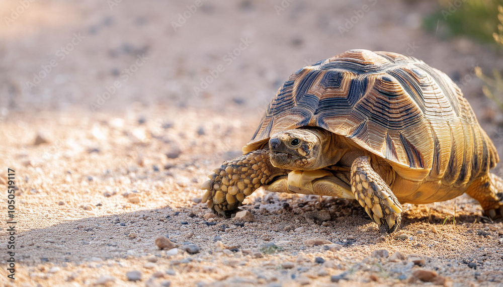 Obraz premium Leopard Tortoise Walking on a Sandy Path in the Afternoon Sun and Copy Space
