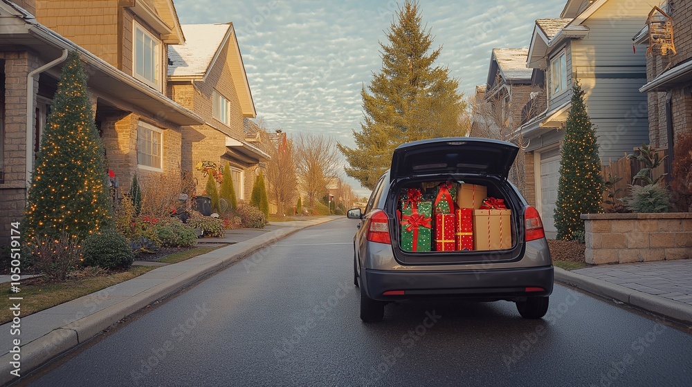 Obraz premium An open car trunk filled with wrapped Christmas presents, parked in front of a cozy house in welcoming suburban neighbourhood, decorated new year sunny street. holiday gift-giving winter celebration