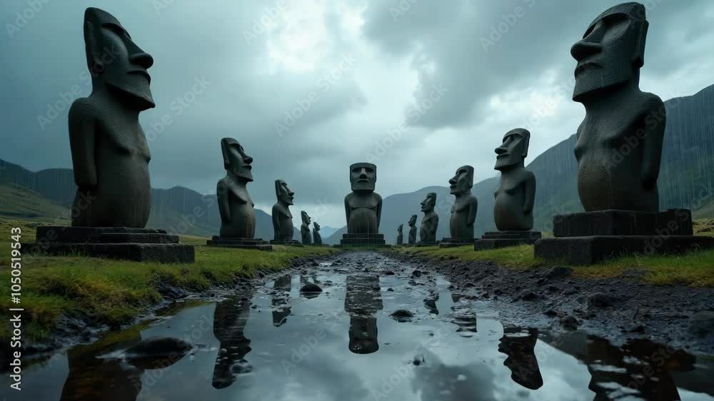 eMoai statues on a rainy day with reflections on wet ground, adding a somber and mysterious atmosphere to Easter Islandaster Island