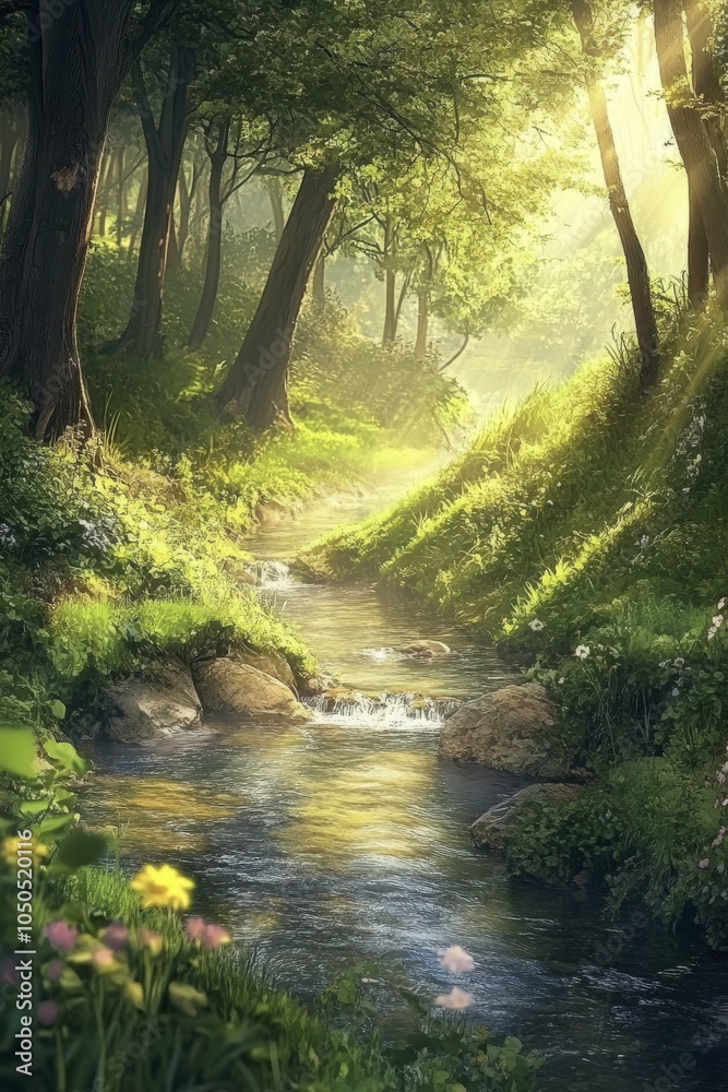 Obraz premium Serene Forest Stream: Sunlight Bathes Lush Greenery
