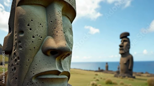 easter IslClose-up of a moai face with distant statues and blue sky, symbolizing the ancient artistry and mystery of Easter Islandand photo