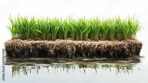 Rice plants with waterlogged soil and roots beneath, fut out isolated on a white background.