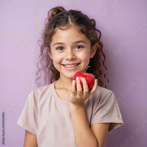 a young girl with a cheerful expression, holding a bright red apple in her hand against a vibrant purple background.