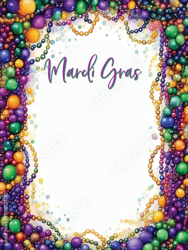 Mardi Gras colorful frame background, Mardi Gras border, Watercolor Mardi Gras Beads Frame.