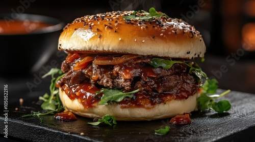 Delicious hamberger dish with beef and tometo, wide shot, studio light, black background, vibrant tones color palette photo