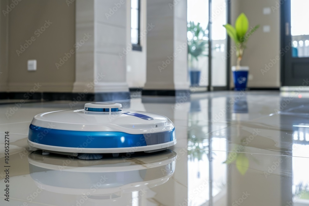 Modern, blue and white robot vacuum cleaner is working on the shiny floor of a modern house Modern, blue and white robot vacuum cleaner is working on the shiny floor of a modern house