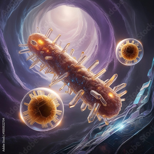 Acetobacter Aurantius Bacteria Illustration - Detailed Scientific Microbial Art of Orange Pigmented Acetic Acid Bacterium, Microorganism Depiction in Nature, Medical Microbiology, Biofilm Structure photo