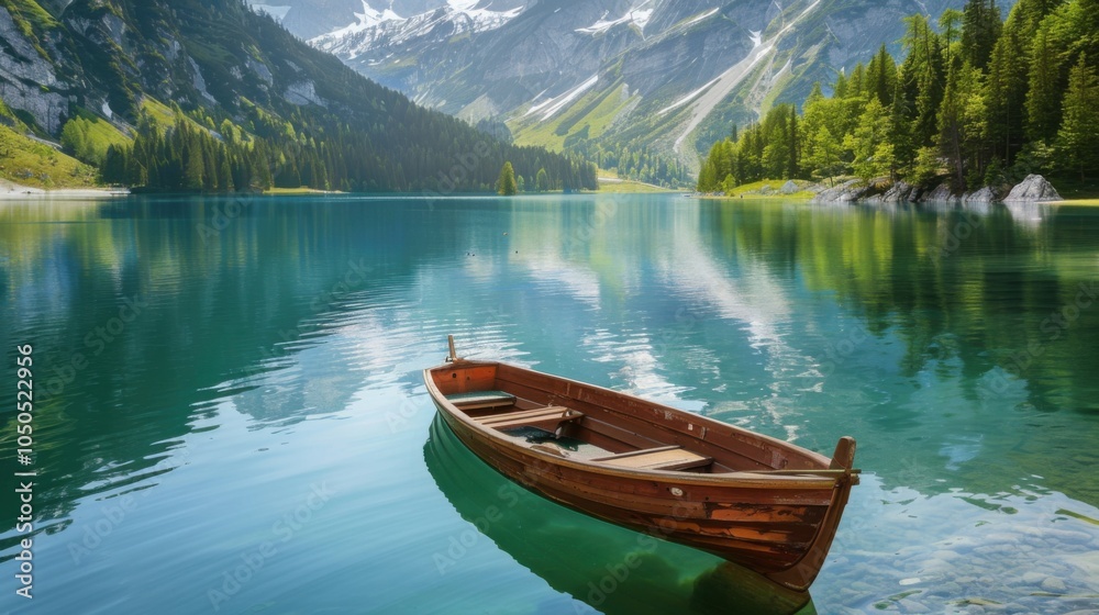 A secluded alpine lake with a small wooden boat floating on the glassy surface, surrounded by snow-capped mountains and dense pine forests, serene setting with alpine tranquility A secluded alpine lake with a small wooden boat floating on the glassy surface, surrounded by snow-capped mountains and dense pine forests, serene setting with alpine tranquility